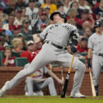 
              New York Yankees' Josh Donaldson recoils after avoiding a ball inside during the fifth inning of a baseball game against the St. Louis Cardinals Friday, Aug. 5, 2022, in St. Louis. (AP Photo/Jeff Roberson)
            