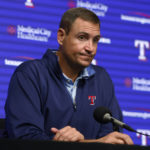 
              Texas Rangers general manager Chris Young listens to a question during a news conference after announcing the firing of manager Chris Woodward, Monday, Aug. 15, 2022, in Arlington, Texas. (Elías Valverde II/The Dallas Morning News via AP)
            