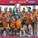 
              Australia winners of the 2022 world rugby sevens series pose with the trophy following its presentation at Dignity Health Sports Park in Carson, Calif., Sunday, 28, Aug. 27, 2022. (AP Photo/Marcio Jose Sanchez)
            