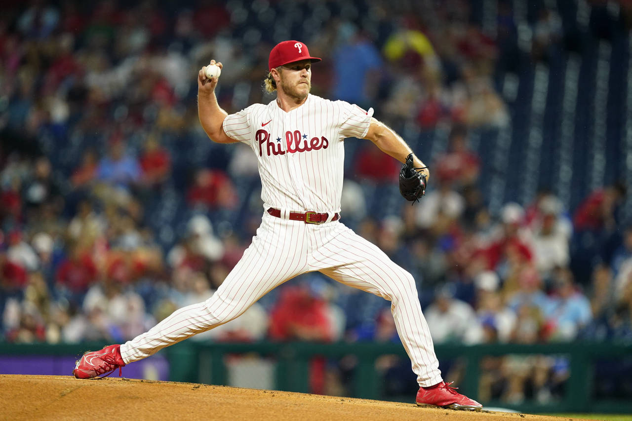 Philadelphia Phillies' Noah Syndergaard pitches during the first inning of a baseball game against ...