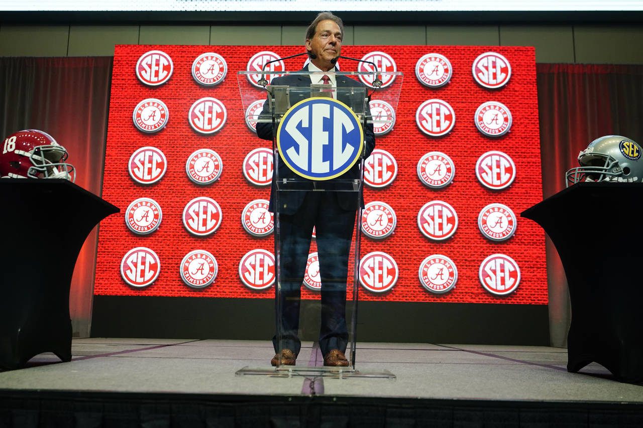 Alabama head coach Nick Saban speaks during NCAA college football Southeastern Conference Media Day...
