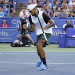 
              Nick Kyrgios, of Australia, reacts during a match against Marcos Giron, of the United States, at the Citi Open tennis tournament in Washington, Tuesday, Aug. 2, 2022. (AP Photo/Carolyn Kaster)
            