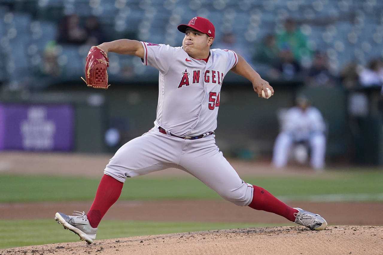 Los Angeles Angels' Jose Suarez pitches against the Oakland Athletics during the first inning of a ...