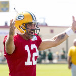 
              Green Bay Packers quarterback Aaron Rodgers (12) reacts during NFL football training camp on Thursday, Aug. 4, 2022, at Ray Nitschke Field in Ashwaubenon, Wis. (Samantha Madar/The Post-Crescent via AP)
            