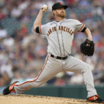 
              San Francisco Giants starting pitcher Alex Cobb delivers against the Minnesota Twins during the second inning of a baseball game Saturday, Aug. 27, 2022, in Minneapolis. (AP Photo/Abbie Parr)
            