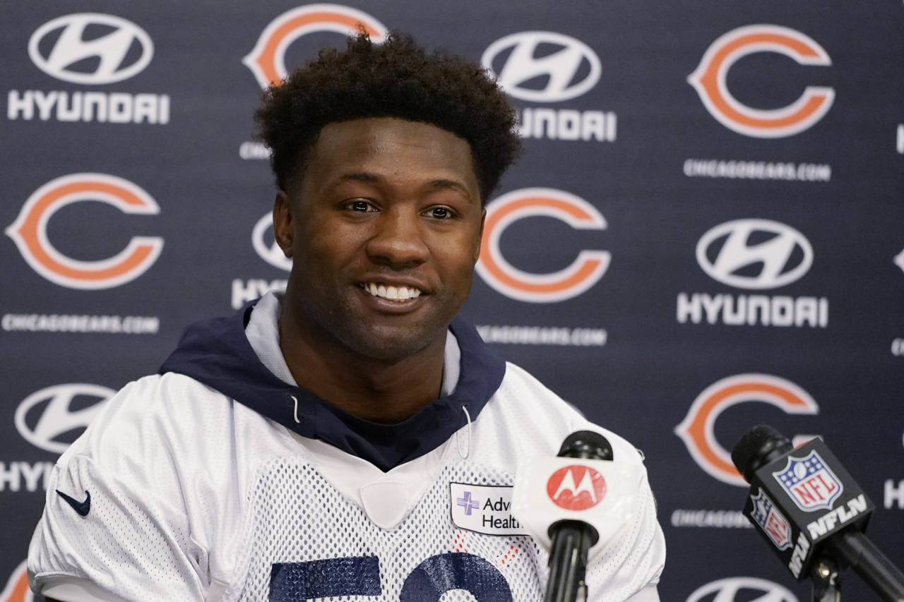 FILE - Chicago Bears linebacker Roquan Smith speaks at a news conference in Lake Firest, Ill., Apri...