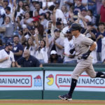 
              New York Yankees' Andrew Benintendi rounds first after hitting a solo home run during the first inning of a baseball game against the Los Angeles Angels Tuesday, Aug. 30, 2022, in Anaheim, Calif. (AP Photo/Mark J. Terrill)
            