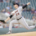 
              Detroit Tigers starting pitcher Tarik Skubal delivers against the Minnesota Twins during the bottom of the first inning of a baseball game in Minneapolis, Monday, Aug. 1, 2022. (AP Photo/Abbie Parr)
            