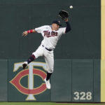 
              Minnesota Twins first baseman Jose Miranda is unable to make the play on an RBI double by Detroit Tigers' Riley Greene during the fifth inning of a baseball game Tuesday, Aug. 2, 2022, in Minneapolis. (AP Photo/Abbie Parr)
            