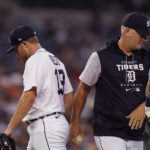 
              Detroit Tigers relief pitcher Will Vest is relieved by manager A.J. Hinch during the fifth inning of a baseball game against the Tampa Bay Rays, Friday, Aug. 5, 2022, in Detroit. (AP Photo/Carlos Osorio)
            