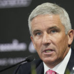 
              PGA Tour Commissioner Jay Monahan speaks during a press conference at East Lake Golf Club prior to the start of the Tour Championship golf tournament Wednesday Aug 24, 2022, in Atlanta, Ga. (AP Photo/Steve Helber)
            