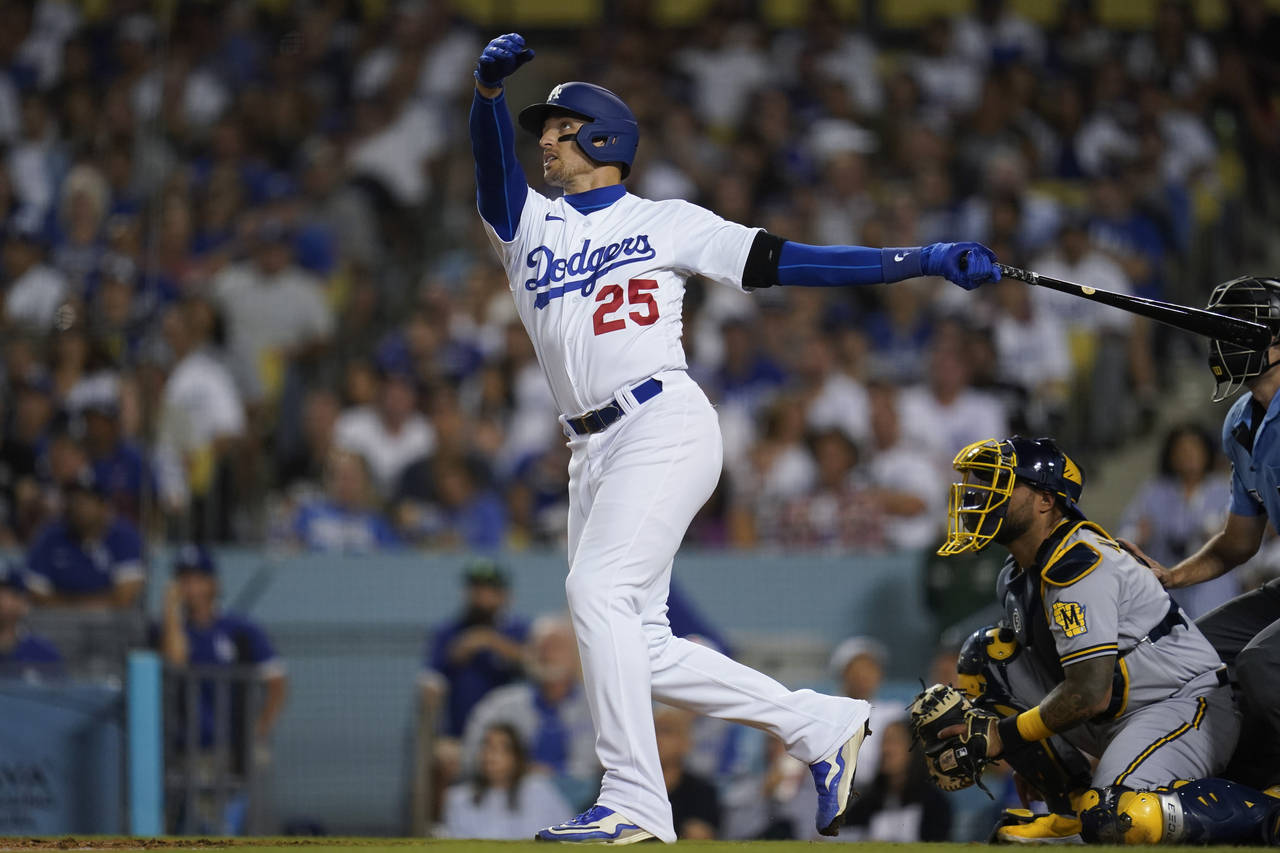 Los Angeles Dodgers designated hitter Trayce Thompson (25) hits a home run during the second inning...