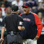 
              Cleveland Guardians manager Terry Francona agrues a call with umpire Lance Barksdale during the ninth inning of the team's baseball game against the Detroit Tigers on Tuesday, Aug. 16, 2022, in Cleveland. Francona was ejected. (AP Photo/Ron Schwane)
            
