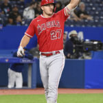 
              Los Angeles Angels' Mike Trout celebrates after hitting a two-run home run off Toronto Blue Jays' relief pitcher Yusei Kikuchi in eighth-inning baseball game action in Toronto, Friday, Aug. 26, 2022. (Jon Blacker/The Canadian Press via AP)
            