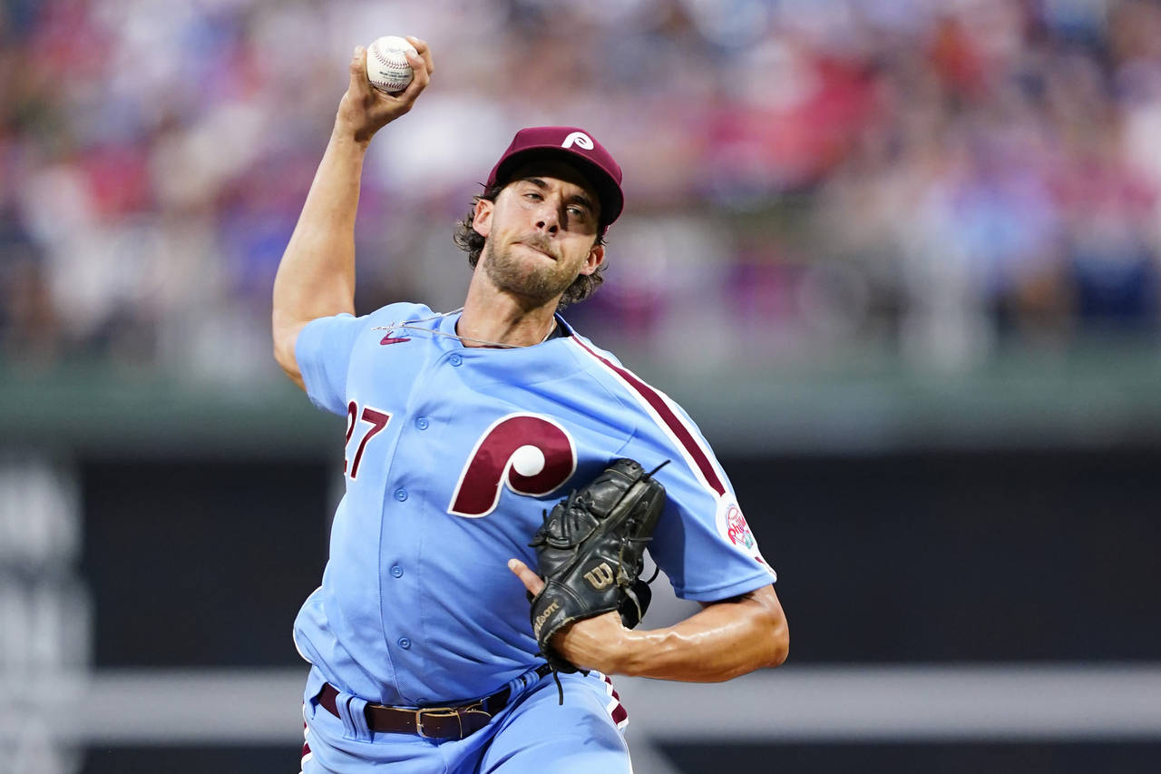 Philadelphia Phillies' Aaron Nola pitches during the second inning of a baseball game against the C...