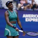 
              Venus Williams, of the United States, reacts after losing a point to Alison Van Uytvanck, of Belgium, during the first round of the US Open tennis championships, Tuesday, Aug. 30, 2022, in New York. (AP Photo/Seth Wenig)
            
