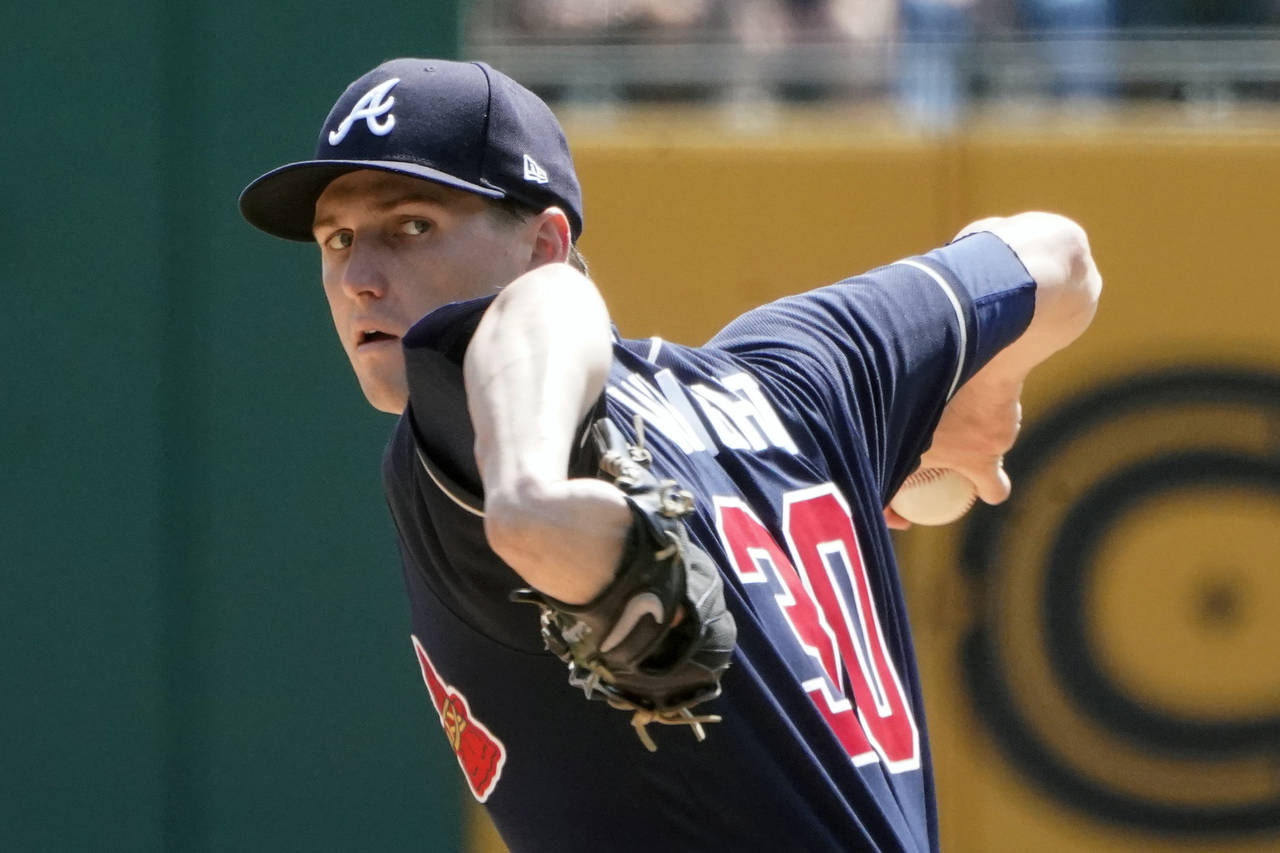 Atlanta Braves starter Kyle Wright pitches against the Pittsburgh Pirates during the first inning o...