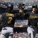 
              Pittsburgh Pirates' Bryan Reynolds, right, is congratulated by Michael Chavis (2) after hitting a three-run home run that scored Jason Delay and Kevin Newman during the seventh inning of a baseball game against the San Francisco Giants in San Francisco, Sunday, Aug. 14, 2022. (AP Photo/Jeff Chiu)
            