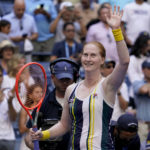 
              Alison Van Uytvanck, of Belgium, waves to the crowd after defeating Venus Williams, of the United States, during the first round of the US Open tennis championships, Tuesday, Aug. 30, 2022, in New York. (AP Photo/Seth Wenig)
            