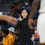 
              New York Liberty head coach Sandy Brondello directs her team during the first half in Game 2 of a WNBA basketball first-round playoff series against the Chicago Sky, Saturday, Aug. 20, 2022, in Chicago. The Sky won 100-62. (AP Photo/Charles Rex Arbogast)
            