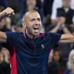 
              Daniel Evans, of Britain, celebrates his win over Tommy Paul, of the United States, during the National Bank Open tennis tournament Friday, Aug. 12, 2022, in Montreal. (Paul Chiasson/The Canadian Press via AP)
            