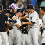 
              New York Yankees' Josh Donaldson, center, celebrates with teammates after hitting a walk-off grand slam during the tenth inning of a baseball game against the Tampa Bay Rays Wednesday, Aug. 17, 2022, in New York. The Yankees won 8-7. (AP Photo/Frank Franklin II)
            