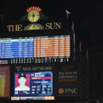 
              The scoreboard shows the line score in the baseball game between the Baltimore Orioles and the Boston Red Sox onFriday, Aug. 19, 2022, in Baltimore. The Orioles won 15-10. (AP Photo/Gail Burton)
            