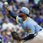 
              Milwaukee Brewers starting pitcher Freddy Peralta throws during the first inning of a baseball game against the Chicago Cubs Friday, Aug. 26, 2022, in Milwaukee. (AP Photo/Morry Gash)
            