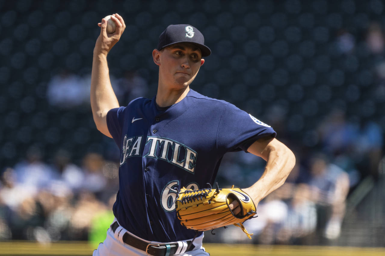 Seattle Mariners starter George Kirby delivers a pitch during the second inning of a baseball game ...