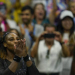 
              Serena Williams, of the United States, blows a kiss to the crowd after defeating Danka Kovinic, of Montenegro, during the first round of the US Open tennis championships, Monday, Aug. 29, 2022, in New York. (AP Photo/Charles Krupa)
            