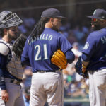 
              Seattle Mariners starting pitcher Luis Castillo (21) has a mound conference with catcher Luis Torrens and first baseman Carlos Santana (41) in the sixth inning of a baseball game against the New York Yankees, Wednesday, Aug. 3, 2022, in New York. (AP Photo/Mary Altaffer)
            