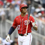 
              Washington Nationals' Juan Soto reacts as he walks back to the dugout after he was called out on strikes during the ninth inning of a baseball game against the St. Louis Cardinals, Sunday, July 31, 2022, in Washington. (AP Photo/Nick Wass)
            