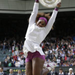 
              FILE - Serena Williams of the United States celebrates with the trophy after defeating Agnieszka Radwanska of Poland to win the women's final match at the All England Lawn Tennis Championships at Wimbledon, England, Saturday, July 7, 2012. Saying “the countdown has begun,” 23-time Grand Slam champion Serena Williams announced Tuesday, Aug. 9, 2022, she is ready to step away from tennis so she can turn her focus to having another child and her business interests, presaging the end of a career that transcended sports. (AP Photo/Kirsty Wigglesworth, File)
            