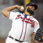
              Atlanta Braves relief pitcher Kenley Jansen throws against the Colorado Rockies in the ninth inning of a baseball game against the Colorado Rockies Wednesday, Aug. 31, 2022, in Atlanta. (AP Photo/Hakim Wright Sr.)
            