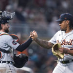 
              Detroit Tigers catcher Eric Haase, left, and relief pitcher Gregory Soto clasp hands following the  team's 5-3 win in a baseball game against the Minnesota Twins on Tuesday, Aug. 2, 2022, in Minneapolis. (AP Photo/Abbie Parr)
            