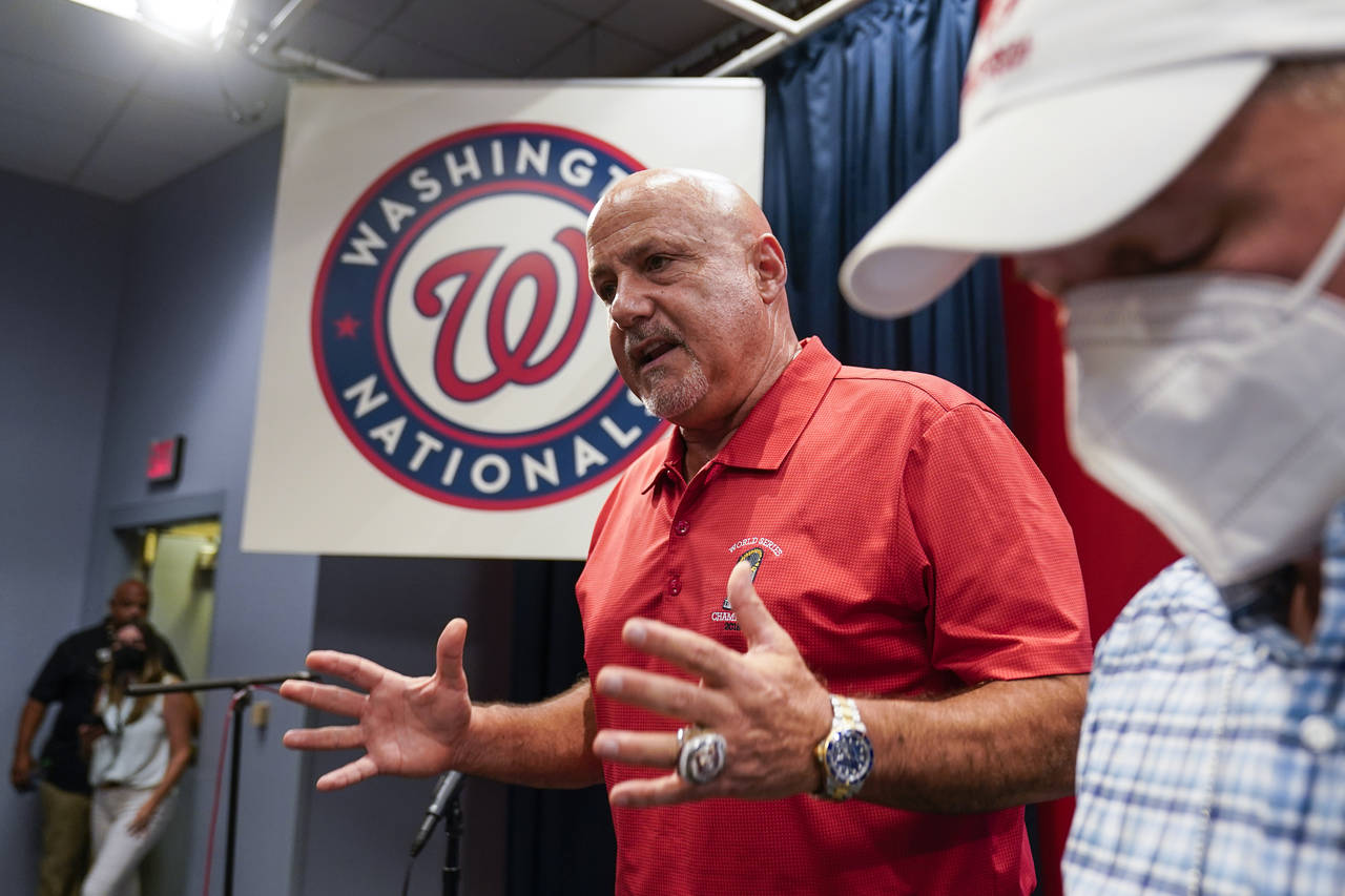 Washington Nationals general manager Mike Rizzo speaks with reporters about the team's recent trade...