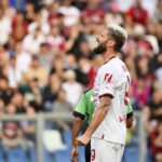 
              Milan's Olivier Giroud reacts during the Serie A soccer match between Sassuolo and Milan at Mapei Stadium, Reggio Emilia, Italy, Tuesday Aug. 30, 2022. (Massimo Paolone/LaPresse via AP)
            