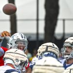 
              Dallas Cowboys quarterback Dak Prescott throws a pass during NFL football training camp Saturday, July 30, 2022, in Oxnard, Calif. (AP Photo/Gus Ruelas)
            