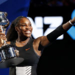 
              FILE - Serena Williams holds her trophy after defeating her sister Venus during the women's singles final at the Australian Open tennis championships in Melbourne, Australia, Saturday, Jan. 28, 2017. Serena Williams says she is ready to step away from tennis after winning 23 Grand Slam titles, turning her focus to having another child and her business interests. “I’m turning 41 this month, and something’s got to give,” Williams wrote in an essay released Tuesday, Aug. 9, 2022, by Vogue magazine. (AP Photo/Dita Alangkara, File)
            