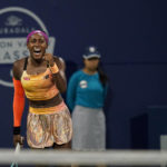 
              Coco Gauff, of the United States, celebrates her 6-4, 6-4 victory against Naomi Osaka, of Japan, at the Mubadala Silicon Valley Classic tennis tournament in San Jose, Calif., Thursday, Aug. 4, 2022. (AP Photo/Godofredo A. Vásquez)
            