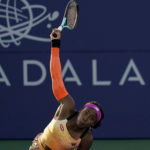 
              Coco Gauff, of the United States, serves to Naomi Osaka, of Japan, at the Mubadala Silicon Valley Classic tennis tournament in San Jose, Calif., Thursday, Aug. 4, 2022. (AP Photo/Godofredo A. Vásquez)
            