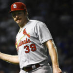 
              St. Louis Cardinals starting pitcher Miles Mikolas (39) after Chicago Cubs' Zach McKinstry hits a two run home run during the seventh inning of a baseball game in Chicago, Wednesday, Aug. 24, 2022. (AP Photo/Matt Marton)
            