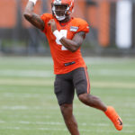 
              Cleveland Browns quarterback Deshaun Watson takes part in drills during the NFL football team's training camp, Tuesday, Aug. 9, 2022, in Berea, Ohio. (AP Photo/Ron Schwane)
            