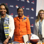
              From left, limited shareholders Condoleezza Rice and Mellody Hobson are followed by Carrie Walton-Penner as the members of the Walton-Penner Family Ownership Group enter a news conference at the NFL football team's headquarters Wednesday, Aug. 10, 2022, in Centennial, Colo. (AP Photo/David Zalubowski)
            