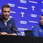 
              Texas Rangers general manager Chris Young, left, and Rangers President of Baseball Operations Jon Daniels listen to a question during a news conference after announcing the firing of manager Chris Woodward, Monday, Aug. 15, 2022, in Arlington, Texas. (Elías Valverde II/The Dallas Morning News via AP)
            