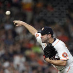 
              Houston Astros starting pitcher Justin Verlander throws against the Texas Rangers during the second inning of a baseball game Wednesday, Aug. 10, 2022, in Houston. (AP Photo/David J. Phillip)
            