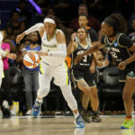 
              Dallas Wings forward Kayla Thornton, second from left, steals the ball from New York Liberty forward Michaela Onyenwere (12) during the first half of a WNBA basketball game in Arlington, Texas, Monday, Aug. 8, 2022. (Michael Ainsworth/The Dallas Morning News via AP)
            