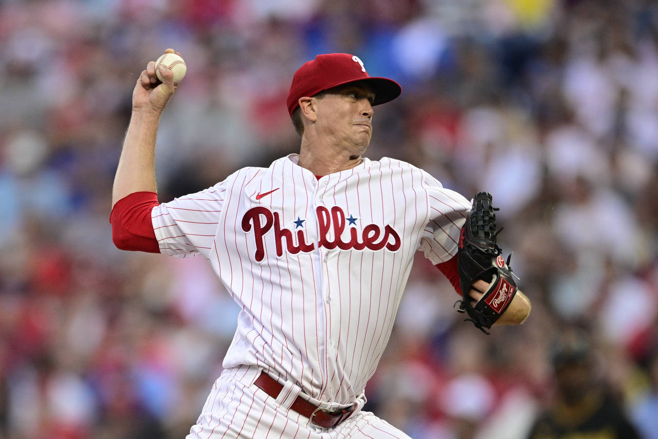 Philadelphia Phillies starting pitcher Kyle Gibson throws during the second inning of a baseball ga...