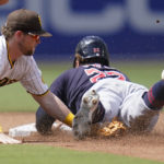 
              San Diego Padres second baseman Jake Cronenworth, left, is late with the tag as Cleveland Guardians' Josh Naylor safely steals second base during the fourth inning of a baseball game Wednesday, Aug. 24, 2022, in San Diego. (AP Photo/Gregory Bull)
            