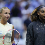 
              Serena Williams, of the United States, and Anett Kontaveit, of Estonia, pose for a photo before playing in the second round of the US Open tennis championships, Wednesday, Aug. 31, 2022, in New York. (AP Photo/Seth Wenig)
            